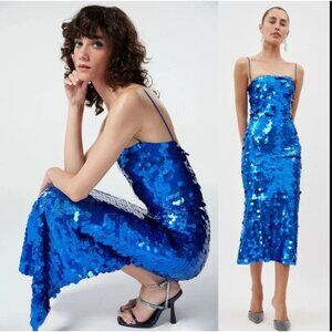 THE NEW ARRIVALS BY ILKYAZ OZEL Phoenix Dress Hologram Sequin Blue Size 36